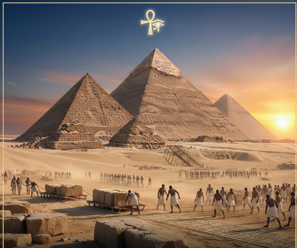 Workers constructing pyramid blocks using ramps and ropes in ancient Egypt