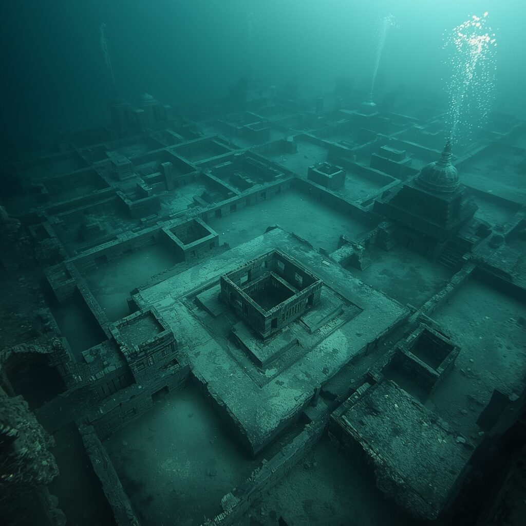 “Submerged city structures resembling modern urban planning under the Arabian Sea”